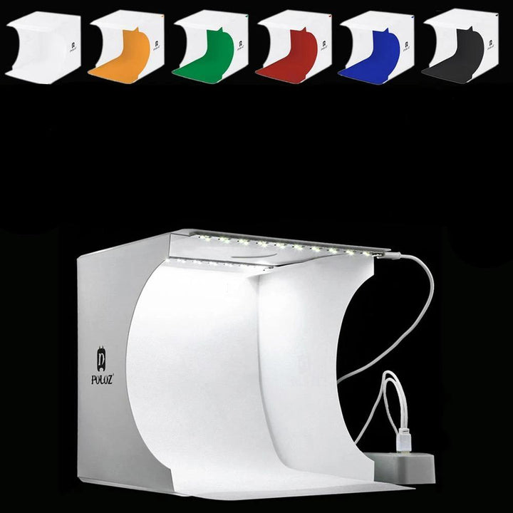 Compact portable mini photo studio with LED lights, ideal for small product photography & content creation.