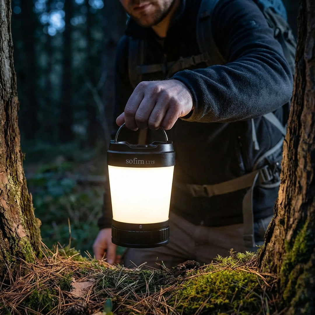 Portable rechargeable LED camping lantern, ideal for outdoor adventures, hiking, and emergency lighting. Compact design.