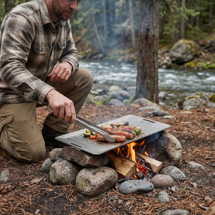 Portable ridged grill plate & tongs for solo camping & outdoor cooking. Non-stick surface, ideal for adventure meals.