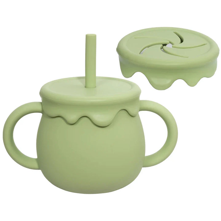 Practical silicone food container with handle for baby weaning and portable toddler snacks.