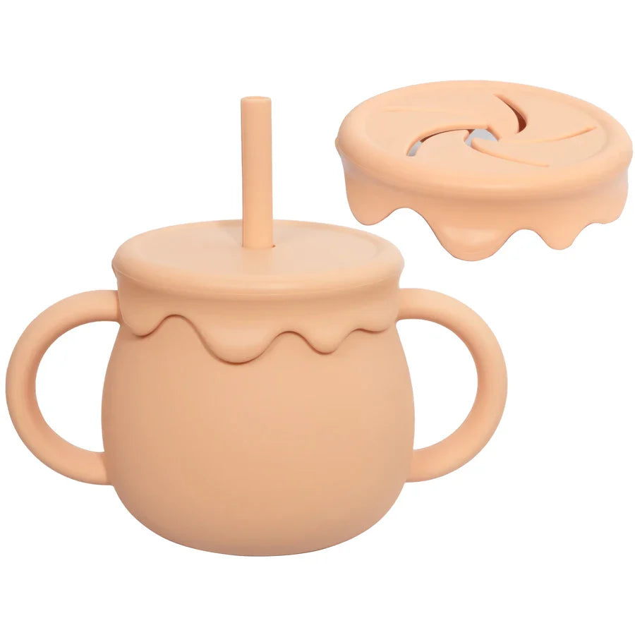 Durable silicone portable food cup with handle for easy baby feeding and toddler snack time.