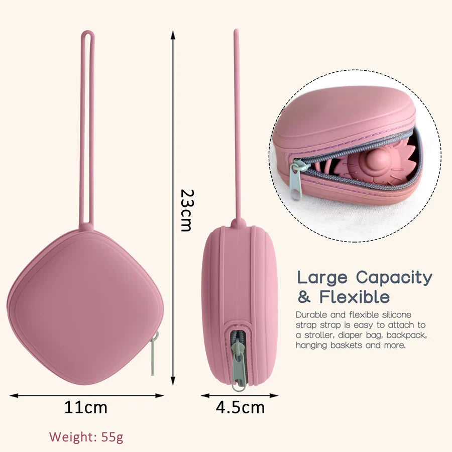 Silicone pacifier holder box, soft and safe for infant pacifiers, on-the-go travel