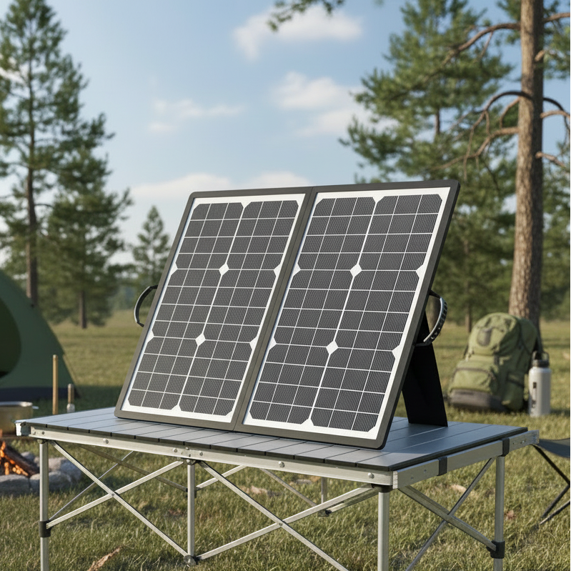 Portable solar panel kit for outdoor charging. Ideal for camping, travel, and emergency power needs.