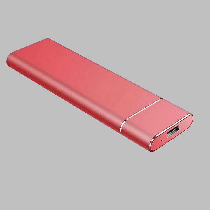 Compact portable SSD external drive for mobile data storage. Fast USB 3.0 solid state memory accessory.