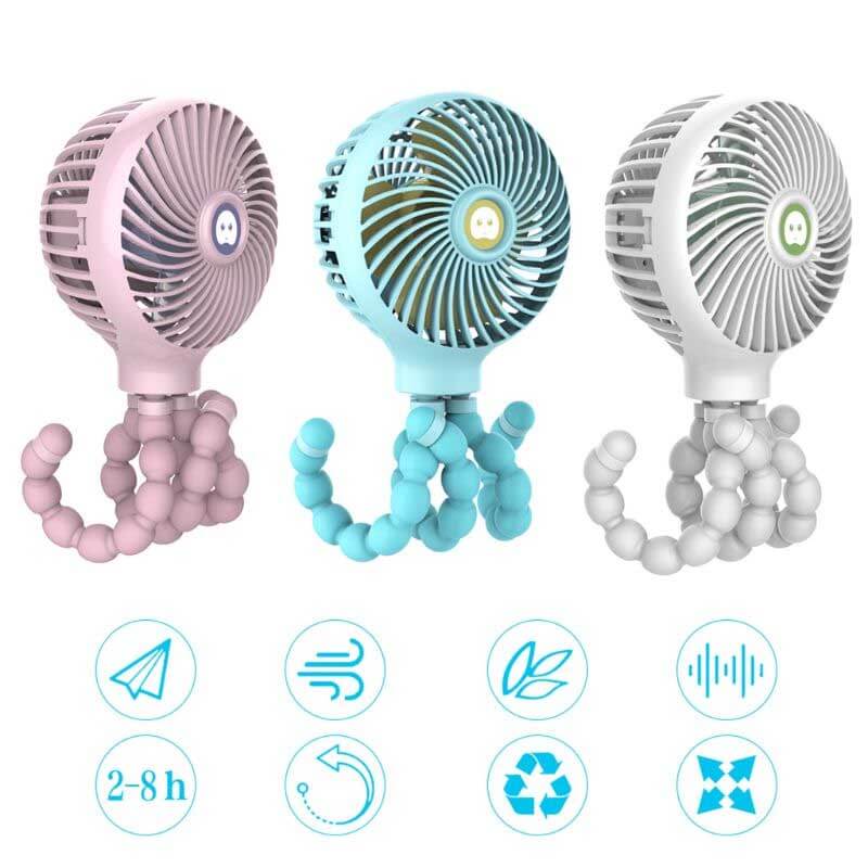 Multi-use portable fan with flexible tripod for stroller, crib, desk, and travel, quiet operation