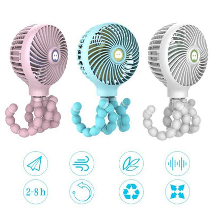 Multi-use portable fan with flexible tripod for stroller, crib, desk, and travel, quiet operation
