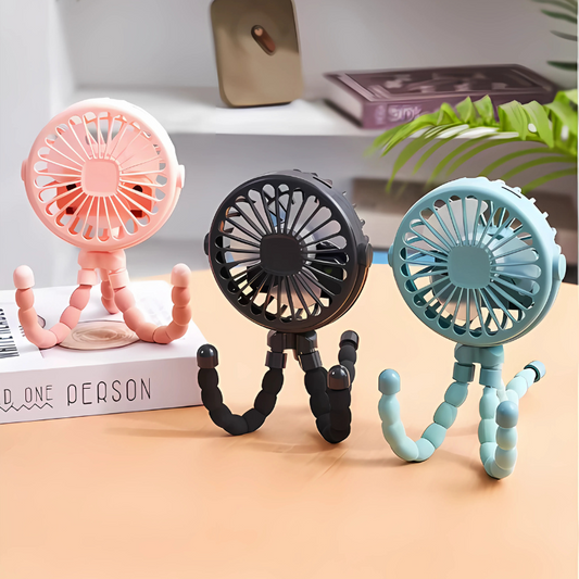 Portable stroller fan with flexible tripod, USB powered for baby cooling on-the-go