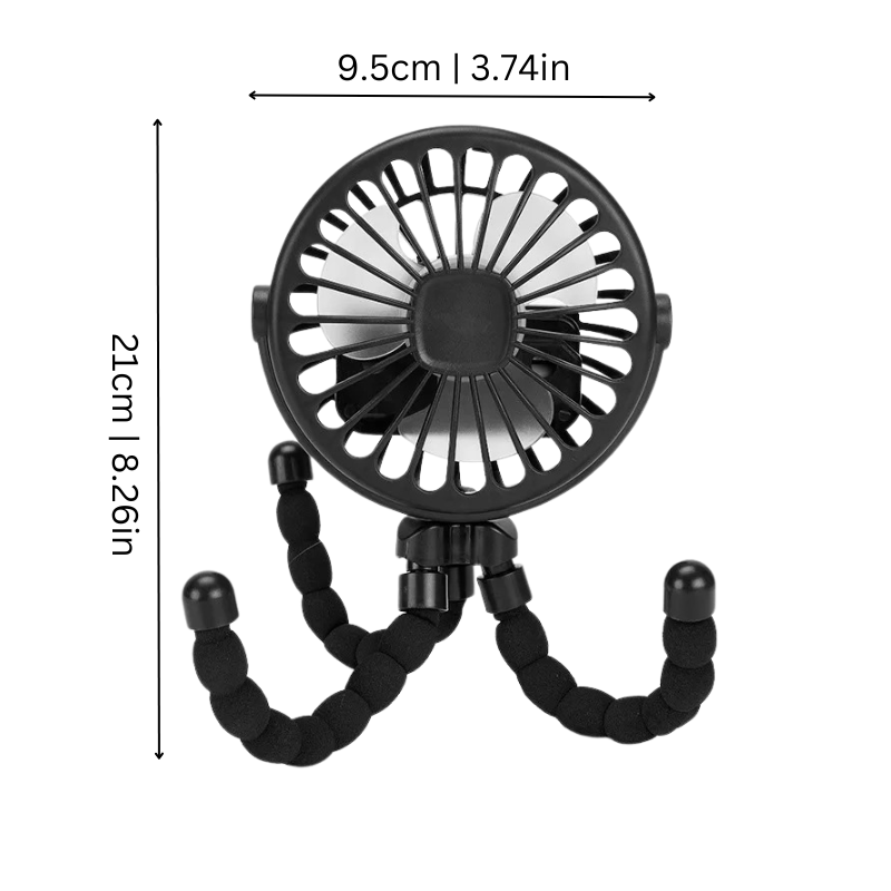 Baby clip-on fan with adjustable tripod, ideal for stroller, crib or car seat cooling