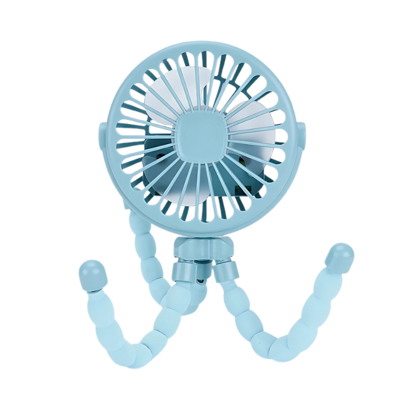 Child-safe baby fan with bendable tripod for strollers and nurseries, white and compact