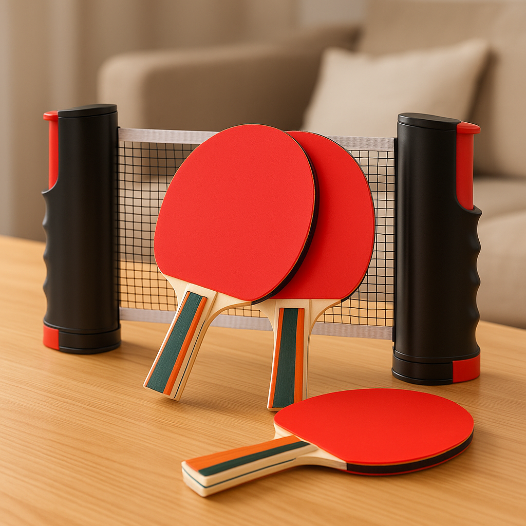 Portable table tennis set for indoor or outdoor fun, includes retractable net, paddles, and balls. Perfect for family game night or travel.