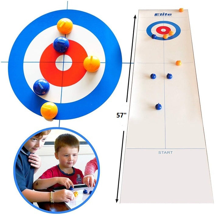 All pieces of the Portable Tabletop Curling Game laid out: board, curling stones & instructions for quick setup.