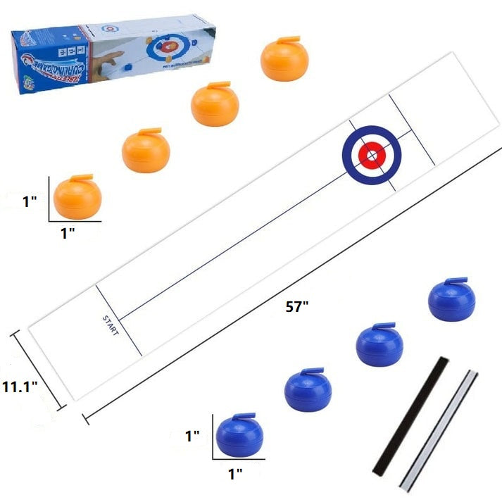 Family laughing & interacting while playing the Portable Tabletop Curling Game, a perfect bonding activity.