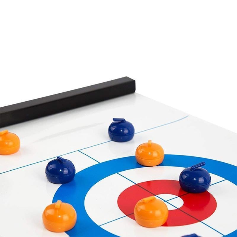 Adults enjoying a friendly match of the Portable Tabletop Curling Game, perfect for party entertainment & social fun.