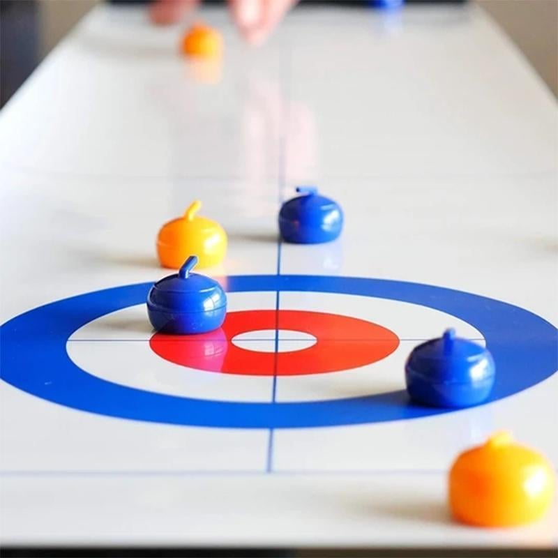 Portable Tabletop Curling Game components neatly packed, showing its easy setup & storage for family fun.