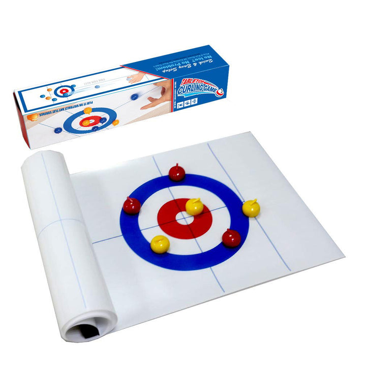 Compact Portable Tabletop Curling Game set up on a table, demonstrating its convenient size for any indoor space.