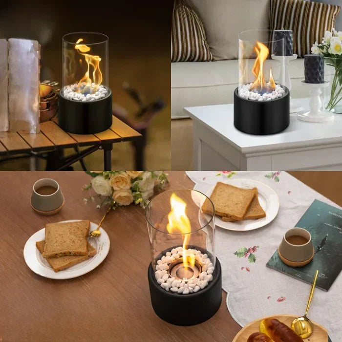 Elegant tabletop fire pit lantern, portable and modern, casting a warm glow for outdoor ambiance & garden decor.