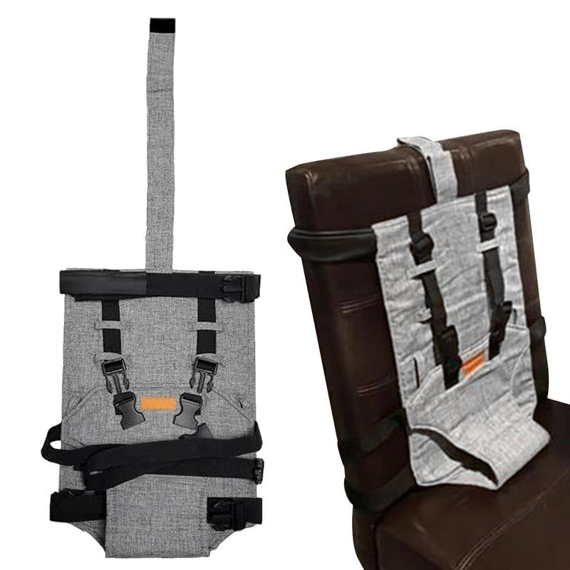 Compact portable high chair for babies, showing its secure straps for infant feeding and toddler seating