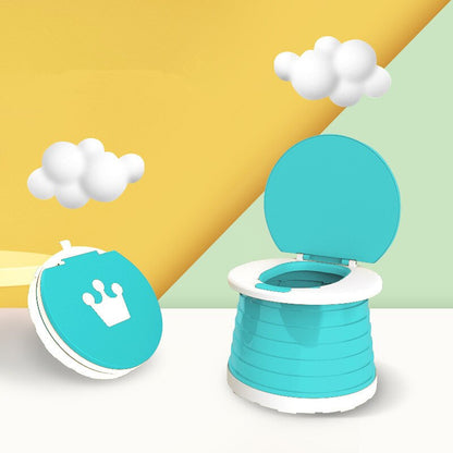 Portable potty training seat for kids, blue and white, demonstrating easy folding mechanism.
