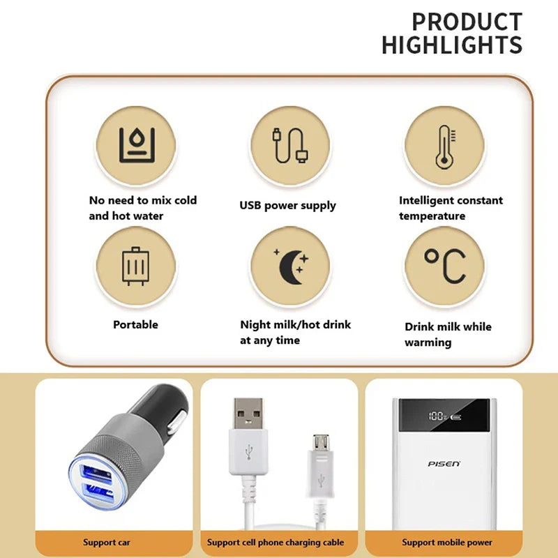 Travel-friendly baby feeding solution: insulated USB milk warmer and bottle holder.