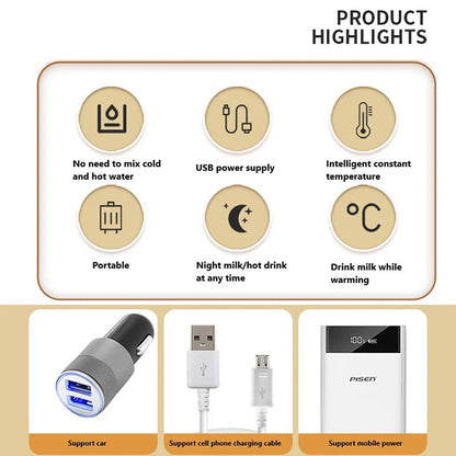 Travel-friendly baby feeding solution: insulated USB milk warmer and bottle holder.