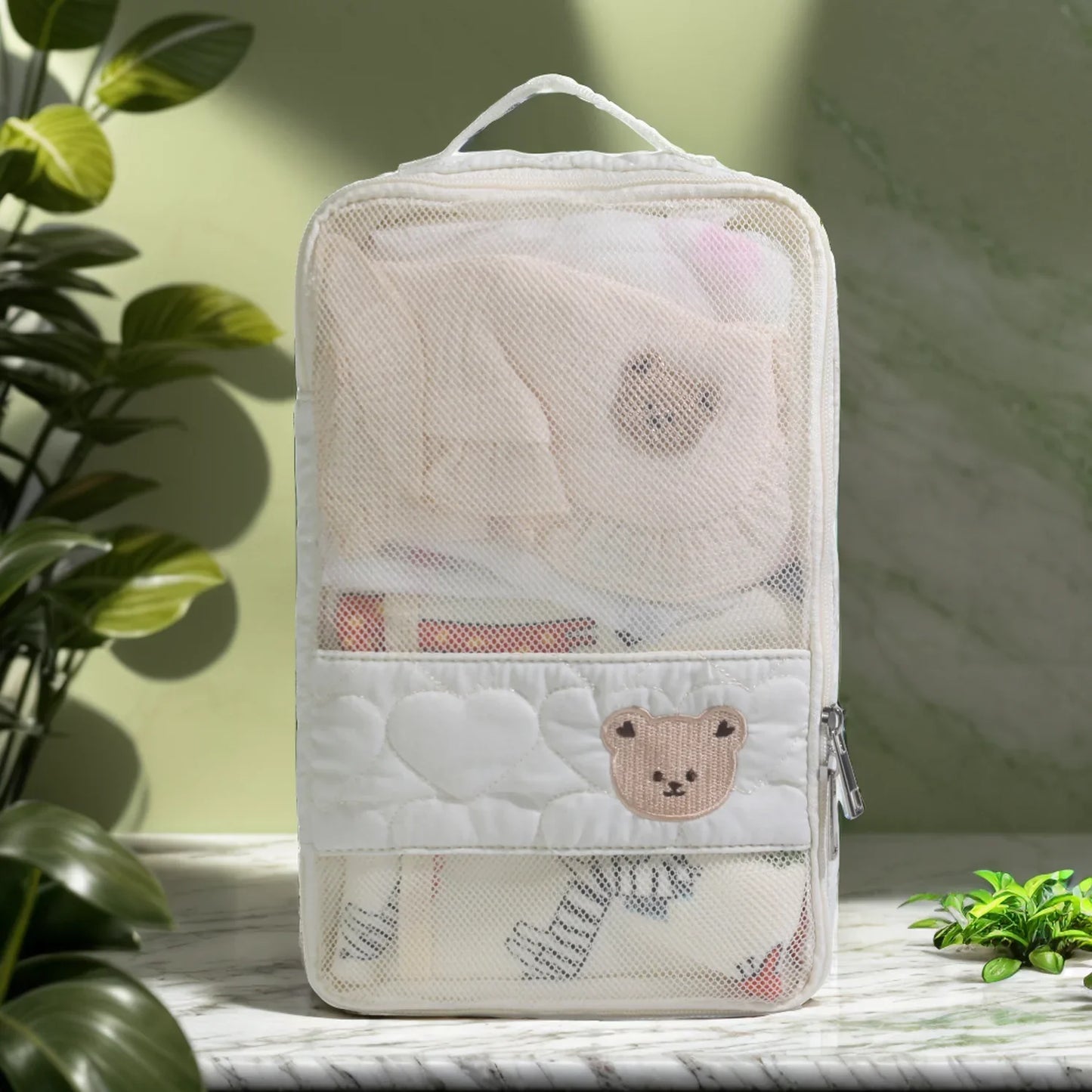 Portable white bear diaper bag, waterproof travel organizer for baby essentials & toiletries, infant care