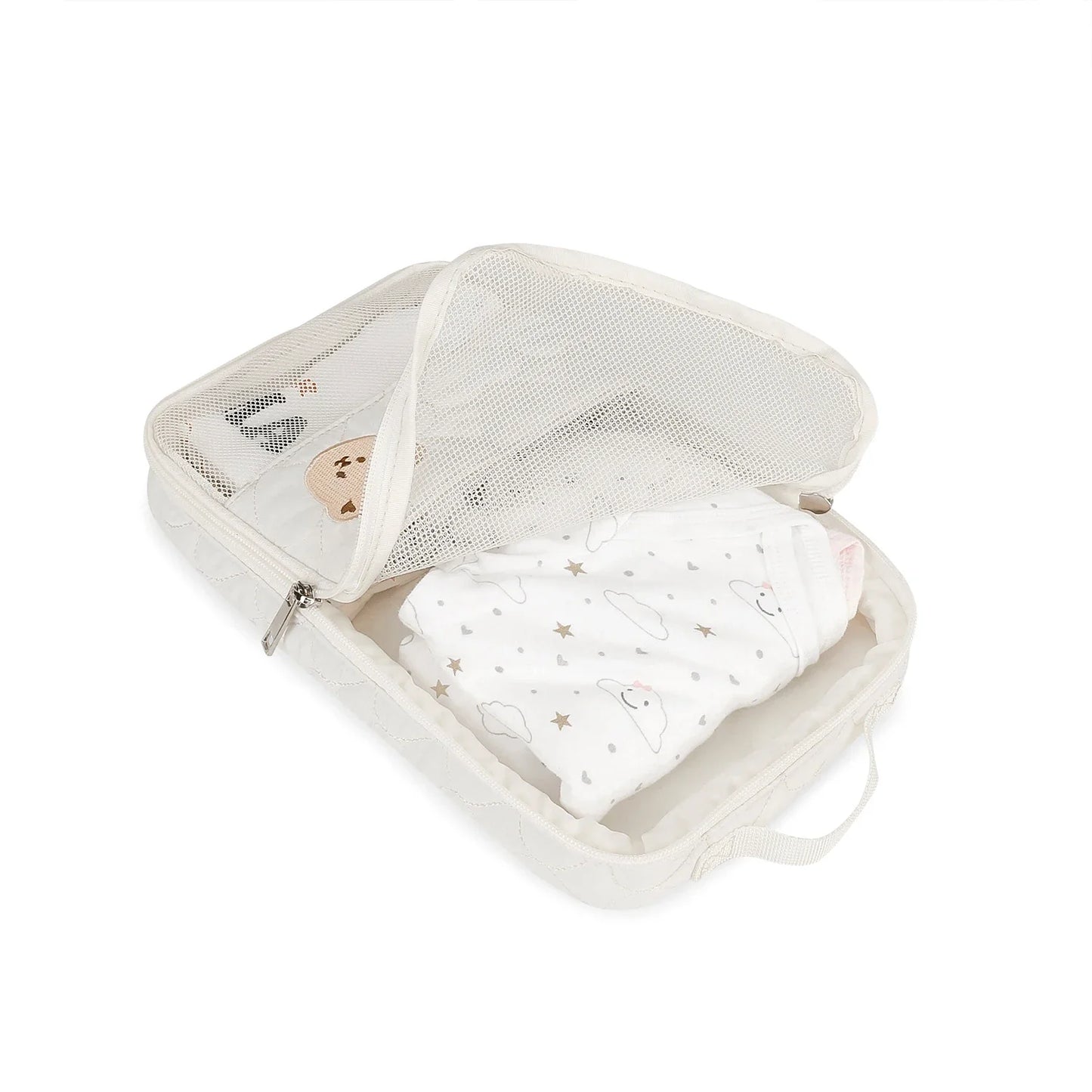 Compact white bear diaper bag, portable waterproof organizer for baby essentials & travel accessories