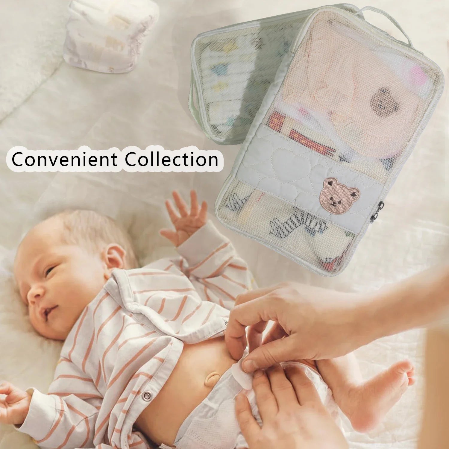 Close-up of white bear portable diaper bag, waterproof travel organizer for baby essentials