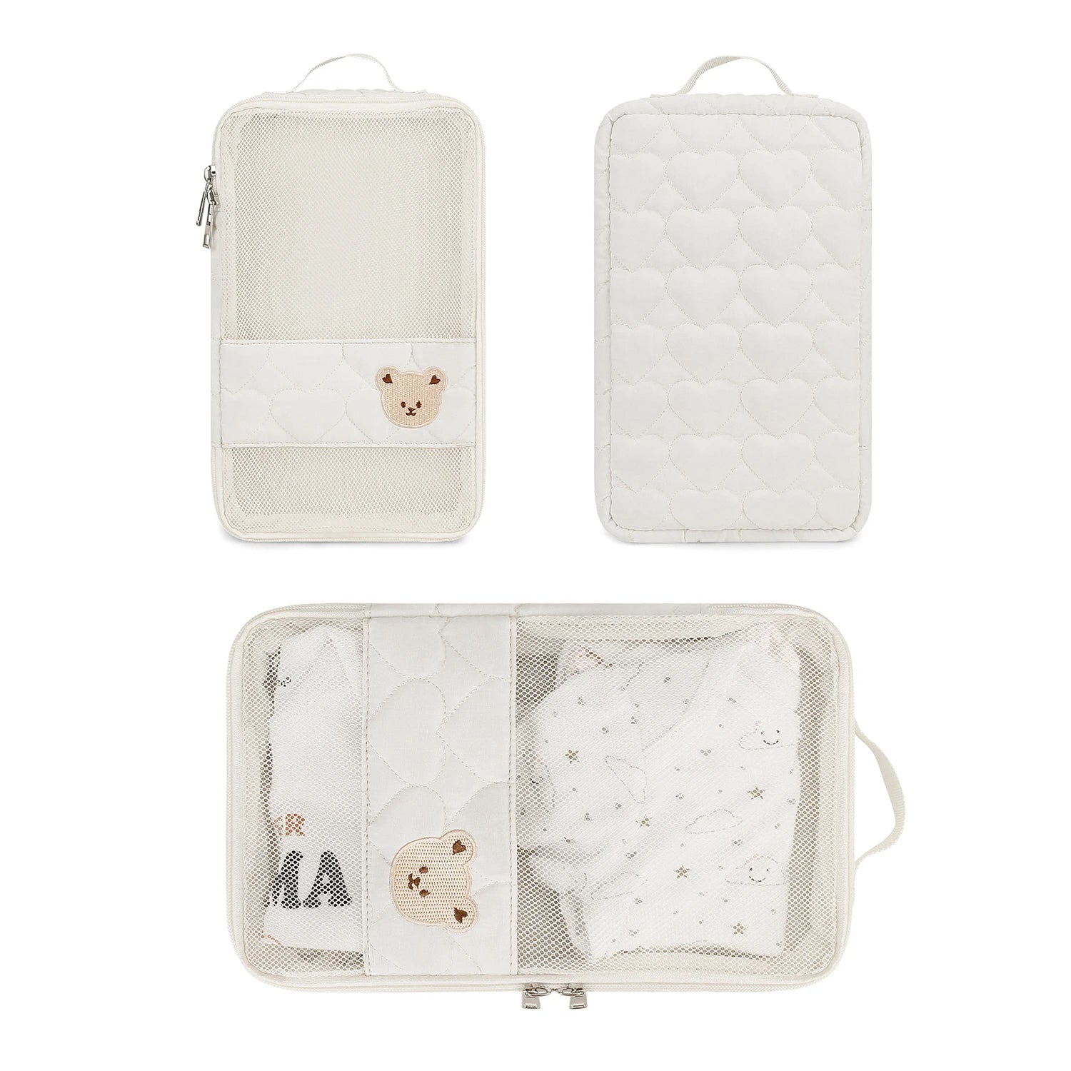Mom carrying white bear portable diaper bag, a waterproof travel organizer for infant care