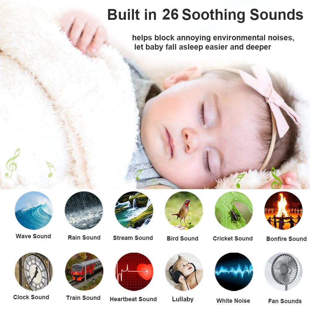 Compact portable baby sound machine with white noise, lulling infant to sleep comfortably