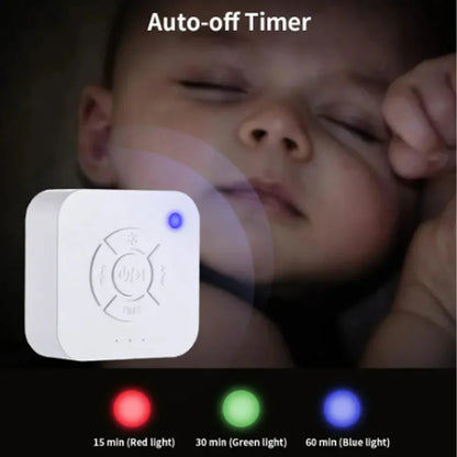 Close-up of white noise sound machine with simple buttons, perfect for nursery and travel