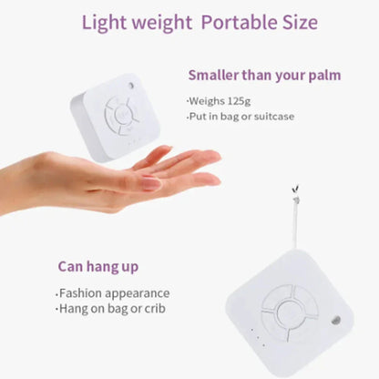 Rechargeable white noise sound machine on a nightstand, ideal sleep aid for adults and babies
