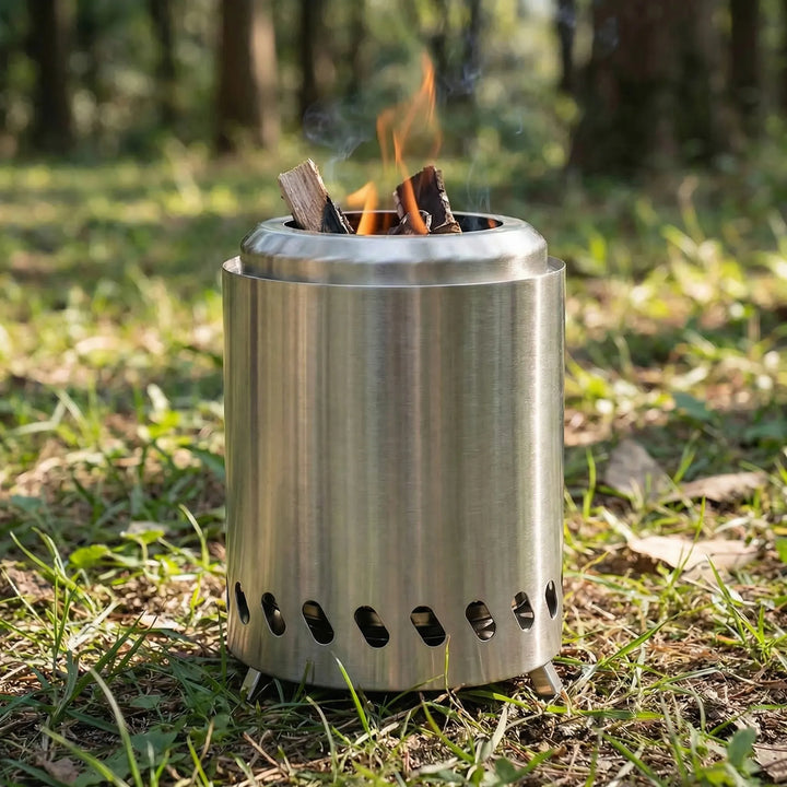 Portable wood-burning camping stove for outdoor cooking during hiking and backpacking adventures.