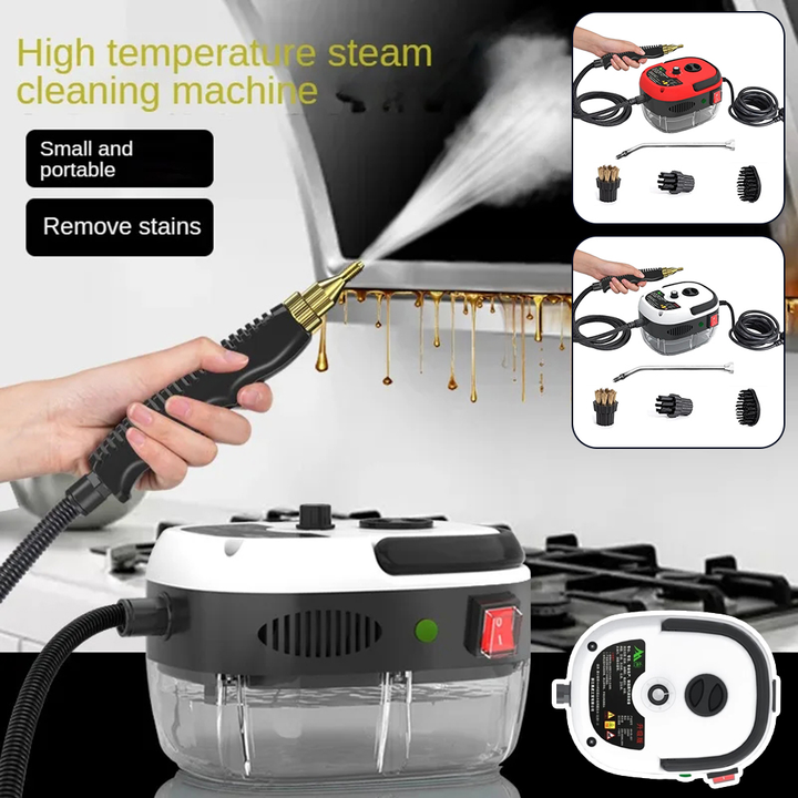 High-pressure steam cleaner, 6 settings, tackles grease & grime in kitchen & bathroom.