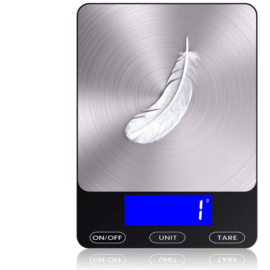 Precise digital kitchen scale with sleek stainless steel platform for accurate food and baking measurements.