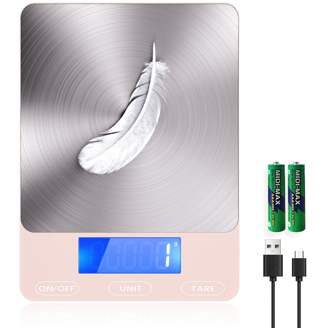 Compact digital scale, USB rechargeable, stainless steel platform for precise food, baking, and cooking tasks.