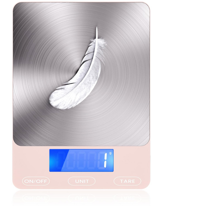USB rechargeable digital food scale in stainless steel, offering precise measurements for cooking and baking.