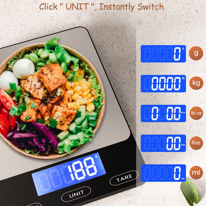 Accurate digital kitchen scale with a stainless steel platform, essential for precise baking and cooking.