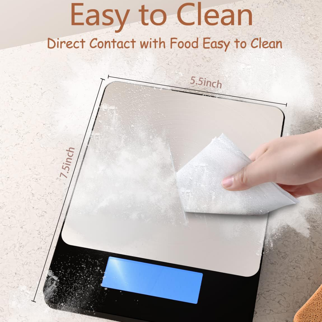 Versatile digital food scale with a stainless steel surface, perfect for precise baking, cooking, and home kitchen use.