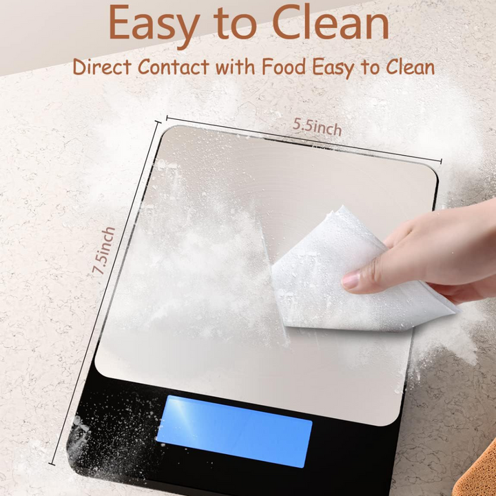 Versatile digital food scale with a stainless steel surface, perfect for precise baking, cooking, and home kitchen use.