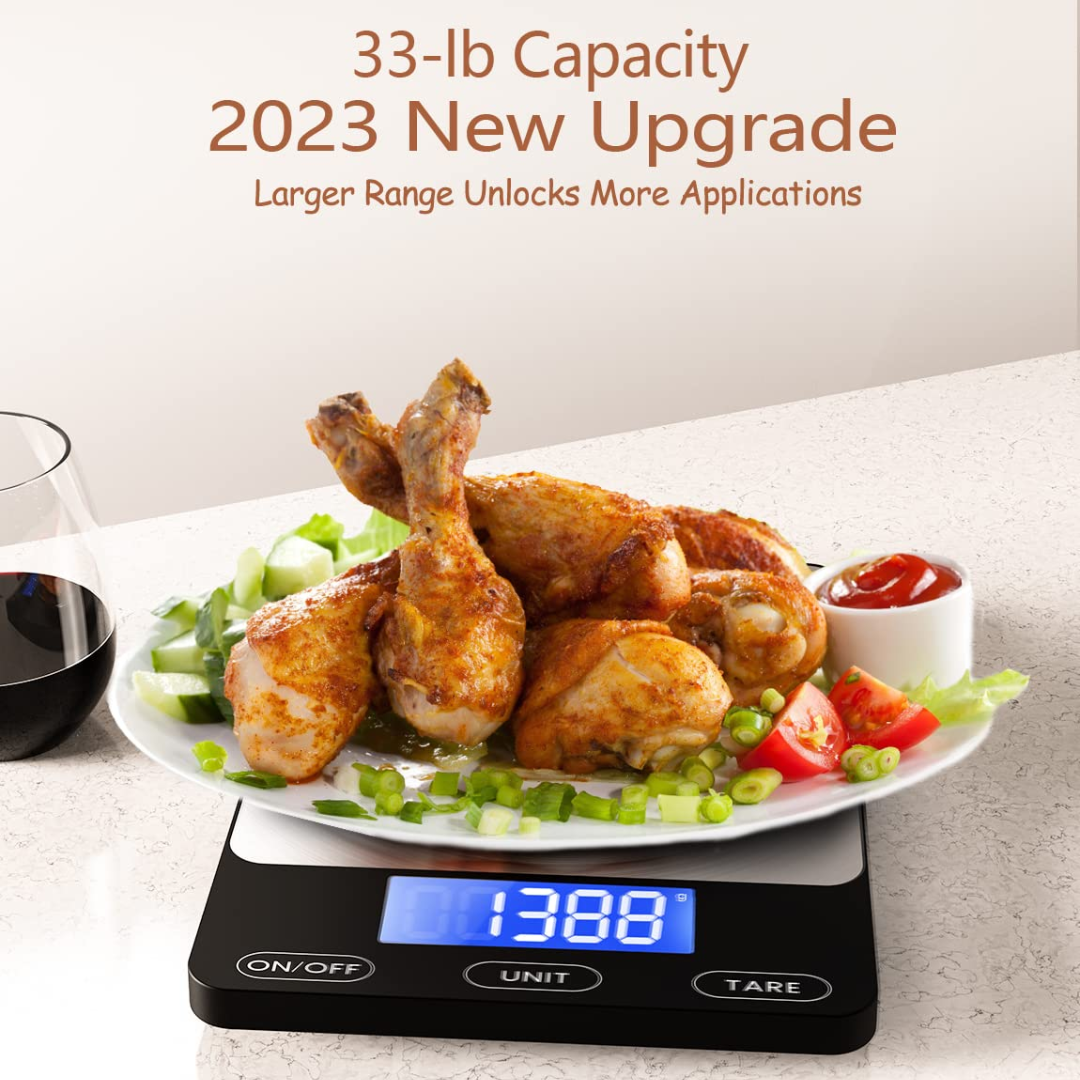 Sleek stainless steel digital kitchen scale ensuring precise measurements for all your baking and cooking needs.