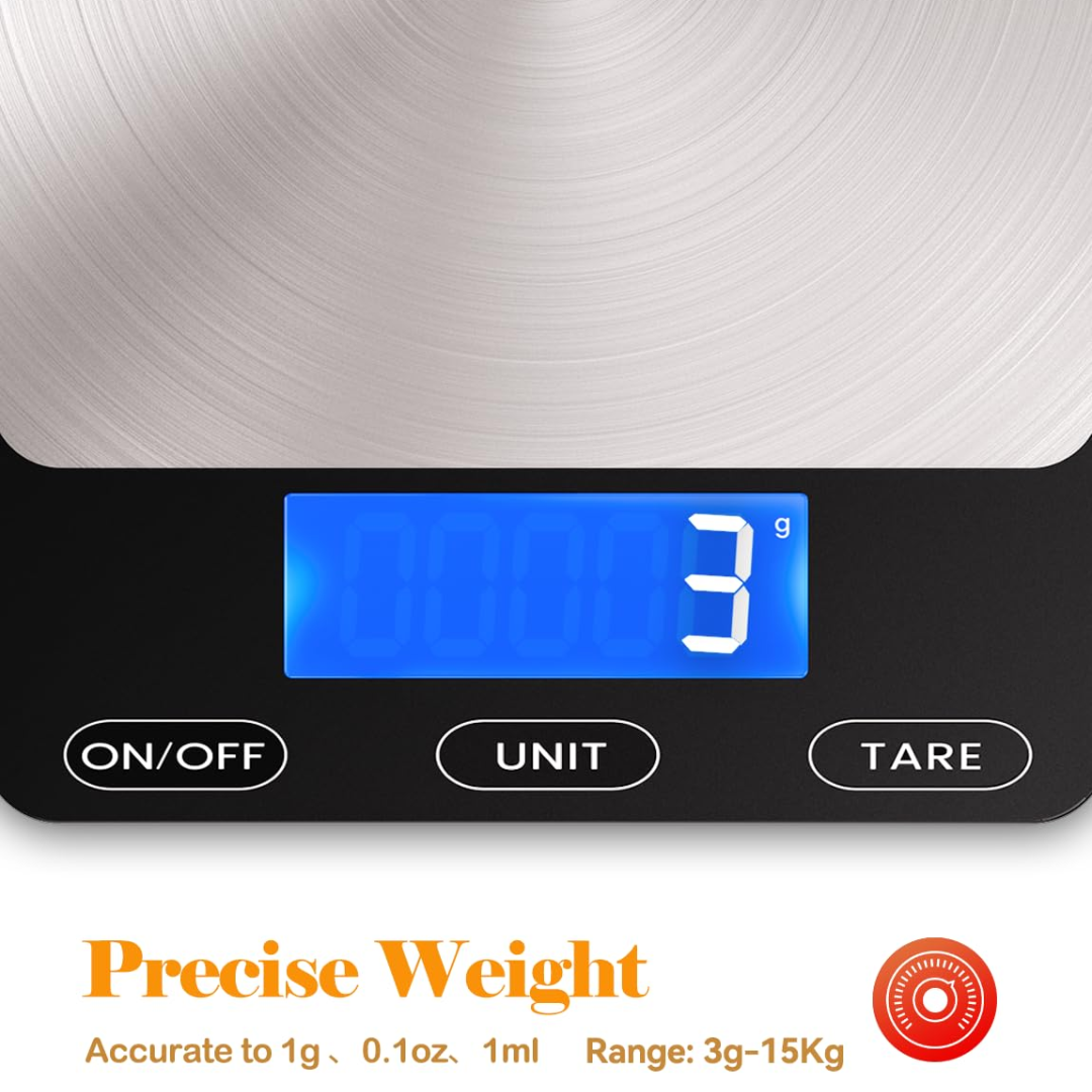 USB powered digital cooking scale, stainless steel, provides accurate and precise food weight for recipes.