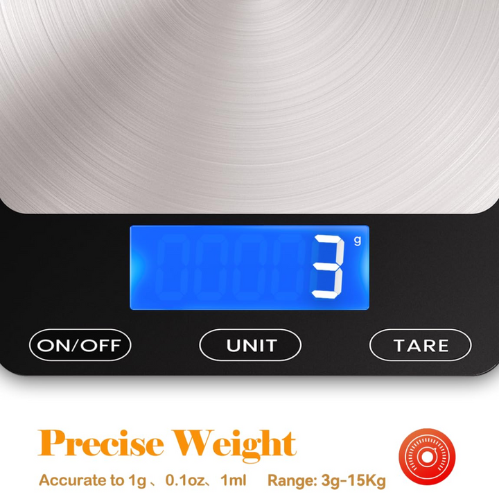 USB powered digital cooking scale, stainless steel, provides accurate and precise food weight for recipes.