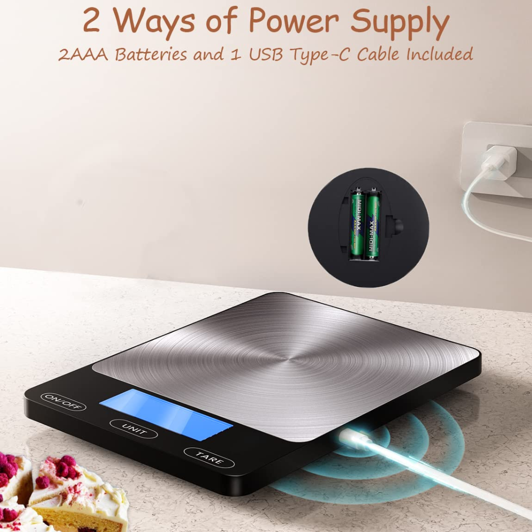 Easy-to-use digital baking scale with a stainless steel platform for precise and accurate ingredient measurements.
