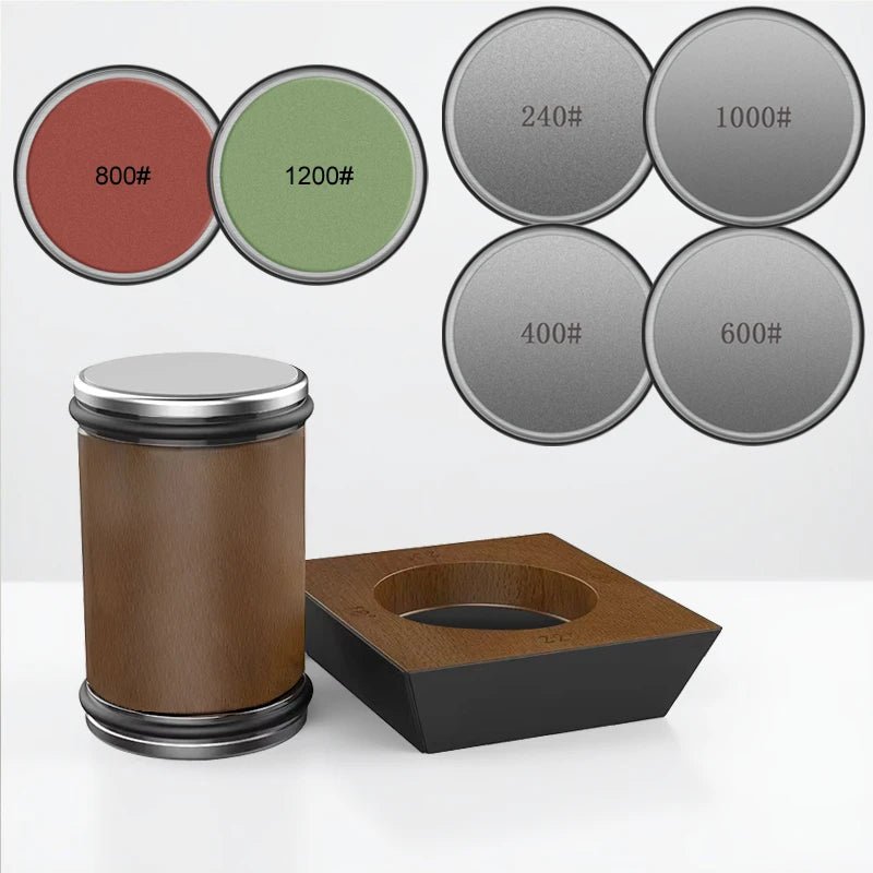 Complete knife maintenance kit element: the precision adjustable diamond wheel sharpener for all blades.