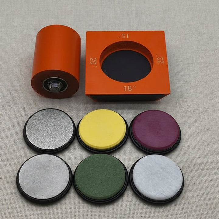 Packaging view of the precision knife sharpener, showcasing its adjustable diamond wheel feature.