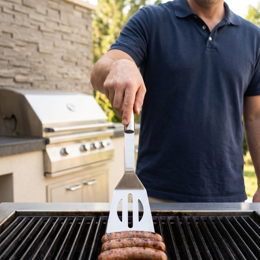 Premium stainless steel BBQ grilling tool set with spatula, tongs & fork for outdoor cooking & camping.