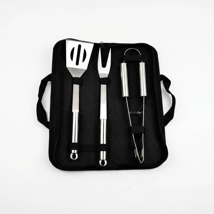 Complete stainless steel grilling set. Essential BBQ tools for camping, backyard parties, & outdoor kitchen.