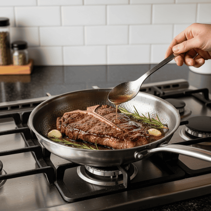 Premium uncoated stainless steel frying pan for modern kitchens, perfect for healthy cooking.