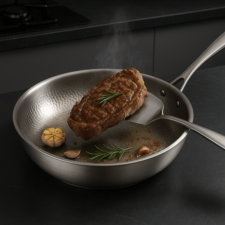 Durable uncoated stainless steel pan, a high-quality kitchen essential for healthy cooking.
