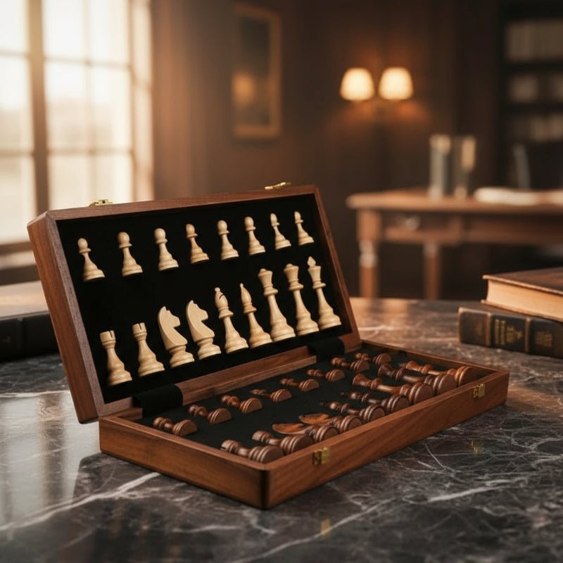 Premium wooden chess set with solid wood pieces & a folding board, ideal for strategy game enthusiasts.